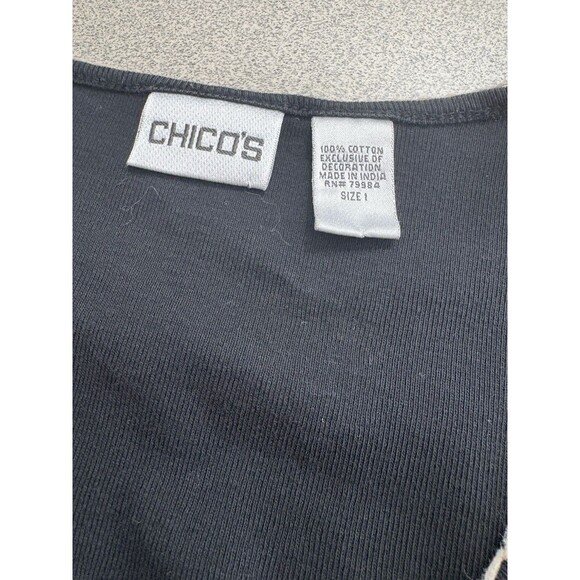 Chico's Black Tribal Geo Khaki Print Sz 1 Medium Women’s V- neck Cotton Blouse - Picture 2 of 7